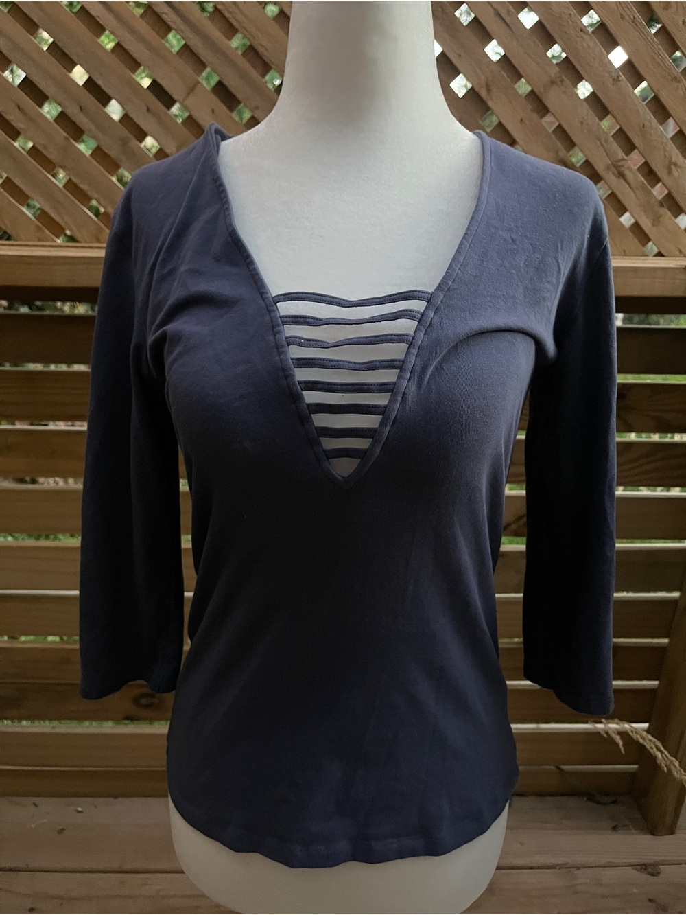 Express Navy Deep V-Neck Long Sleeve Top with Striped Inset